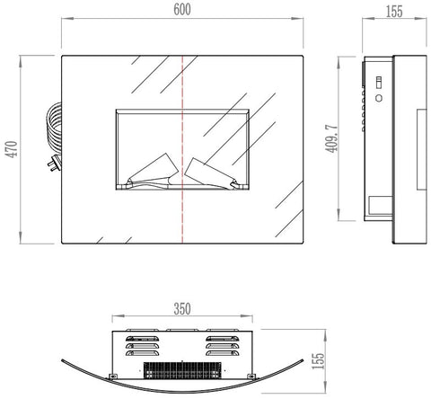 Focar electric liniar curbat de perete 3D Aflamo Malibu 24 Negru cu sunet