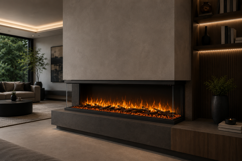 Semineu electric liniar 3D incorporabil AFLAMO Unity 183 cm , aplicatie, sunet incorporat, flacara 3D cu teme de culoare, busteni si cristale decorative, 1500 W