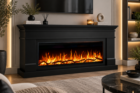 Comoda TV AFLAMO Lisabona negru 160x80x30 cu semineu electric Regal 106, sunet incorporat si aplicatie mobila,flacara 3D si teme de culoare
