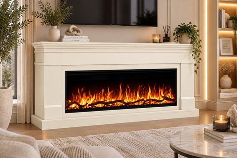 Comoda TV AFLAMO Lisabona vanilie 160x80x30 cu semineu electric Regal 106, sunet incorporat si aplicatie mobila,flacara 3D si teme de culoare