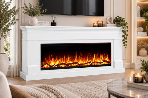Comoda TV AFLAMO Lisabona alb 160x80x30 cu semineu electric Regal 106, sunet incorporat si aplicatie mobila,flacara 3D si teme de culoare