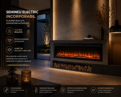 Semineu electric liniar 3D incorporabil AFLAMO Majestic 128 PRO, sunet incorporat, Smart APP + telecomanda