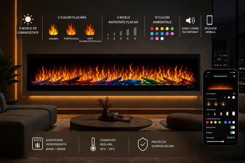 Semineu electric liniar 3D incorporabil AFLAMO Royal 100 3D ULTRA, sunet incorporat, Smart APP + telecomanda