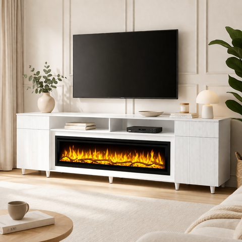 Comoda Venetia alb 218x75X30, cu semineu electric Aflamo Regal 126, sunet incorporat si aplicatie mobila,flacara 3D si teme de culoare