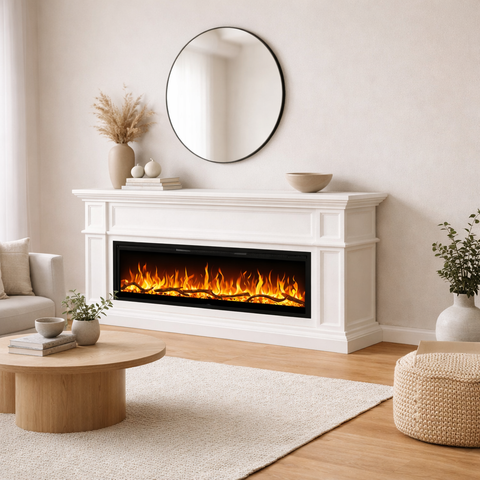 Comoda TV Artesian alb 180x80x30 cu semineu electric Aflamo Regal 126, sunet incorporat si aplicatie mobila,flacara 3D si teme de culoare