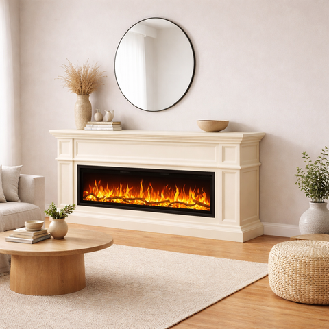 Comoda TV Artesian vanilie 180x80x30 cu semineu electric Aflamo Regal 126, sunet incorporat si aplicatie mobila,flacara 3D si teme de culoare