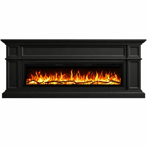 Comoda TV Artesian negru 180x80x30 cu semineu electric Aflamo Regal 126, sunet incorporat si aplicatie mobila,flacara 3D si teme de culoare