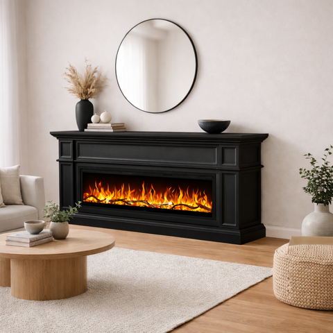 Comoda TV Artesian negru 180x80x30 cu semineu electric Aflamo Regal 126, sunet incorporat si aplicatie mobila,flacara 3D si teme de culoare