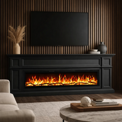 Comoda TV Artesian negru 180x80x30 cu semineu electric Aflamo Regal 126, sunet incorporat si aplicatie mobila,flacara 3D si teme de culoare