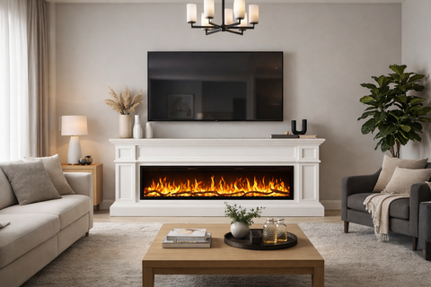 Comoda TV Artesian vanilie 180x80x30 cu semineu electric Aflamo Regal 126, sunet incorporat si aplicatie mobila,flacara 3D si teme de culoare