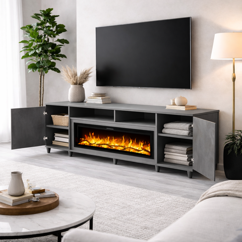 Comoda Altea ash grey 190x75X30, cu semineu electric Aflamo Regal 106, sunet incorporat si aplicatie mobila,flacara 3D si teme de culoare