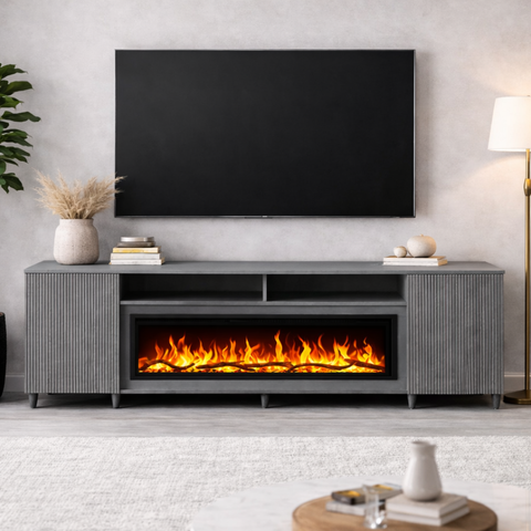 Comoda Altea ash grey 190x75X30, cu semineu electric Aflamo Regal 106, sunet incorporat si aplicatie mobila,flacara 3D si teme de culoare