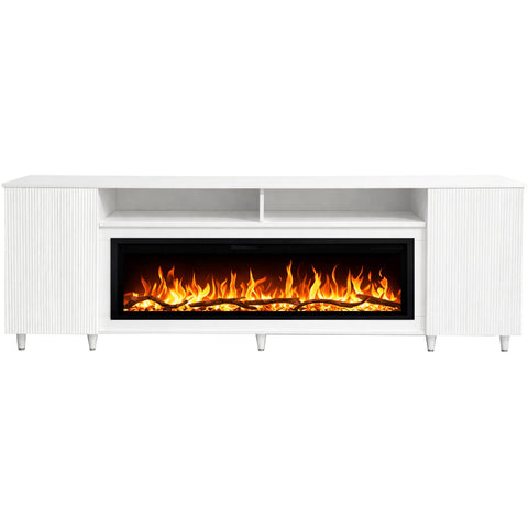 Comoda Altea alb 190x75X30, cu semineu electric Aflamo Regal 106, sunet incorporat si aplicatie mobila,flacara 3D si teme de culoare