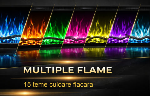 Semineu electric liniar 3D incorporabil AFLAMO Regal 126 cm , aplicatie, sunet incorporat, flacara 3D cu teme de culoare, busteni si cristale decorative, 1500 W
