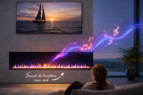 Semineu electric liniar 3D incorporabil AFLAMO Regal 152 cm , aplicatie, sunet incorporat, flacara 3D cu teme de culoare, busteni si cristale decorative, 1500 W