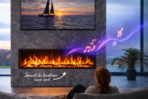 Semineu electric liniar 3D incorporabil AFLAMO Regal 182 cm , aplicatie, sunet incorporat, flacara 3D cu teme de culoare, busteni si cristale decorative, 1500 W