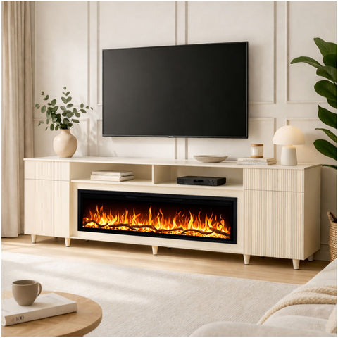 Comoda Venetia vanilie 218x75X30, cu semineu electric Aflamo Regal 126, sunet incorporat si aplicatie mobila,flacara 3D si teme de culoare