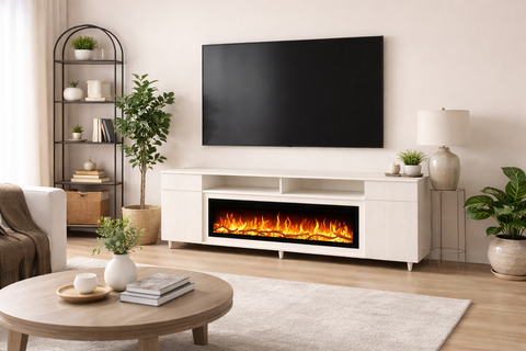 Comoda Venetia alb 218x75X30, cu semineu electric Aflamo Regal 126, sunet incorporat si aplicatie mobila,flacara 3D si teme de culoare