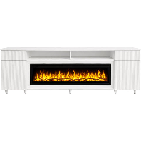 Comoda Venetia alb 218x75X30, cu semineu electric Aflamo Regal 126, sunet incorporat si aplicatie mobila,flacara 3D si teme de culoare