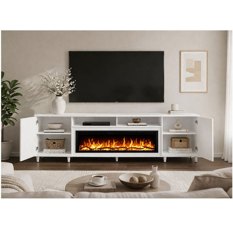 Comoda Altea alb 190x75X30, cu semineu electric Aflamo Regal 106, sunet incorporat si aplicatie mobila,flacara 3D si teme de culoare