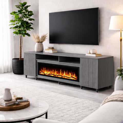 Comoda Altea ash grey 190x75X30, cu semineu electric Aflamo Regal 106, sunet incorporat si aplicatie mobila,flacara 3D si teme de culoare