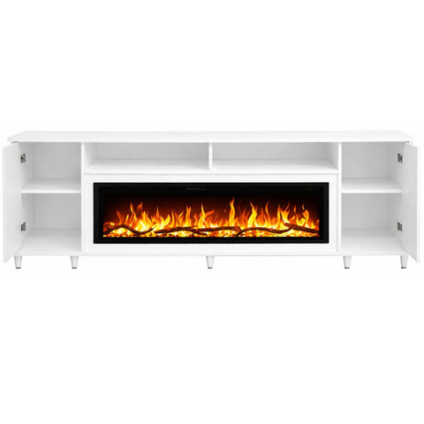 Comoda Altea alb 190x75X30, cu semineu electric Aflamo Regal 106, sunet incorporat si aplicatie mobila,flacara 3D si teme de culoare