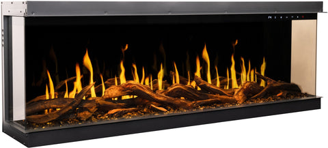 Semineu electric liniar 3D incorporabil AFLAMO Gold 132 cm , aplicatie, sunet incorporat, flacara 3D premium cu teme de culoare, busteni si cristale decorative