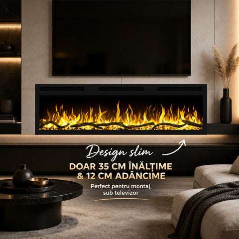 Semineu electric liniar 3D icorporabil AFLAMO Monarch 152 cm , aplicatie, sunet incorporat, flacara 3D cu teme de culoare, busteni si cristale decorative, 1500 W