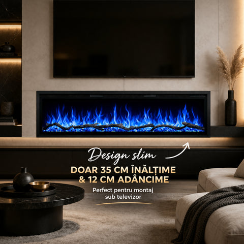 Semineu electric liniar 3D incorporabil AFLAMO Regal 152 cm , aplicatie, sunet incorporat, flacara 3D cu teme de culoare, busteni si cristale decorative, 1500 W