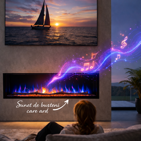 Semineu electric liniar 3D icorporabil AFLAMO Monarch 183 cm , aplicatie, sunet incorporat, flacara 3D cu teme de culoare, busteni si cristale decorative, 1500 W
