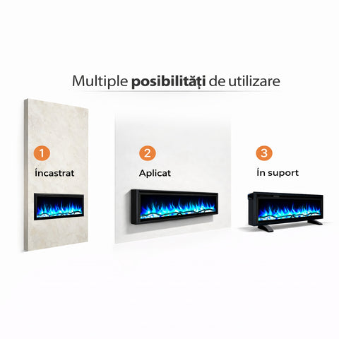 Semineu electric liniar 3D icorporabil AFLAMO Monarch 107 cm , aplicatie, sunet incorporat, flacara 3D cu teme de culoare, busteni si cristale decorative, 1500 W