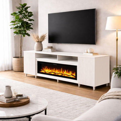 Comoda Altea vanilie 190x75X30, cu semineu electric Aflamo Regal 106, sunet incorporat si aplicatie mobila,flacara 3D si teme de culoare