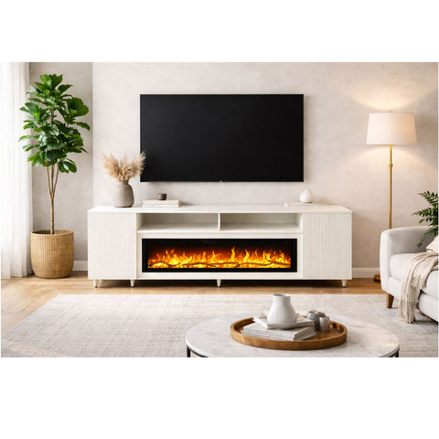 Comoda Altea vanilie 190x75X30, cu semineu electric Aflamo Regal 106, sunet incorporat si aplicatie mobila,flacara 3D si teme de culoare
