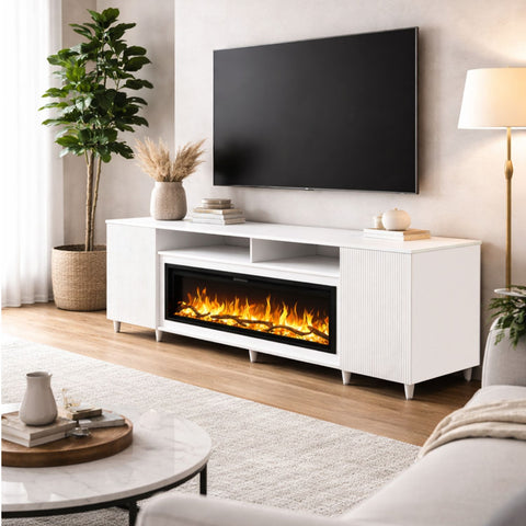 Comoda Altea alb 190x75X30, cu semineu electric Aflamo Regal 106, sunet incorporat si aplicatie mobila,flacara 3D si teme de culoare