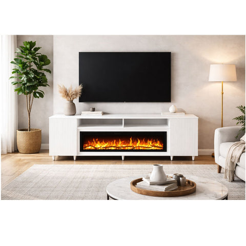 Comoda Altea alb 190x75X30, cu semineu electric Aflamo Regal 106, sunet incorporat si aplicatie mobila,flacara 3D si teme de culoare